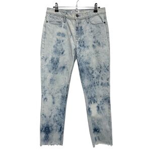 {Frame} "Le High Straight" Blue Tie Dye Cigarette Leg Raw Hem Denim Jeans